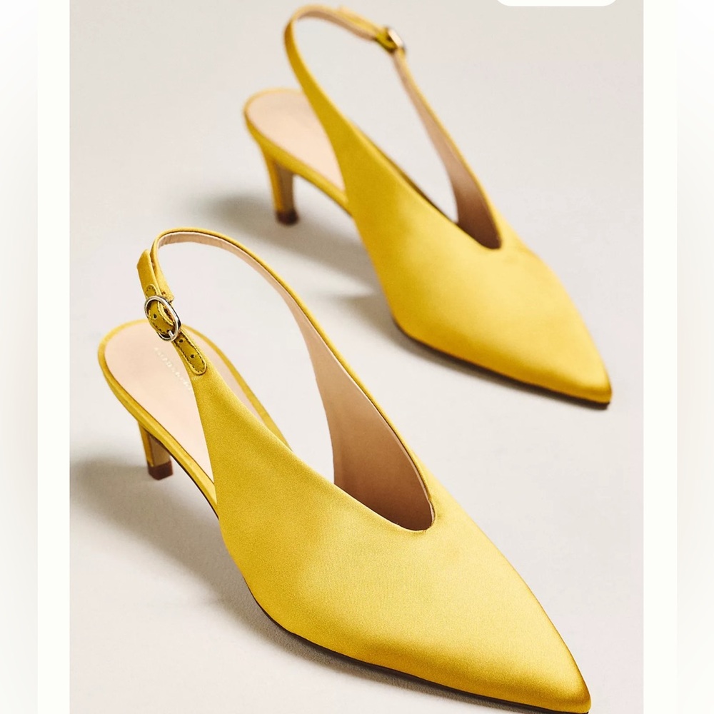 By Anthropologie Pointed-Toe Slingback Pumps Yellow Satin 10